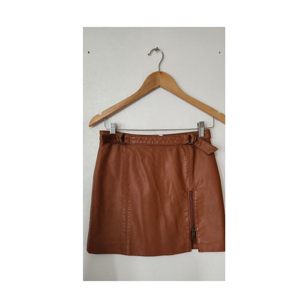 Free People Midnight Magic Vegan Leather Mini Skirt Cognac Brown Size 2 Moto - Picture 4 of 8
